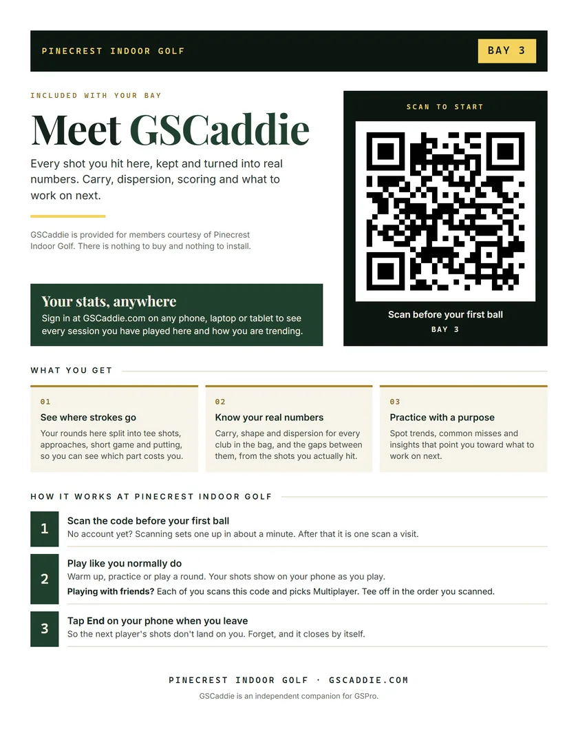 The printable placard for Bay 3 at Pinecrest Indoor Golf: the facility name, a QR code, what members get and three steps for a visit