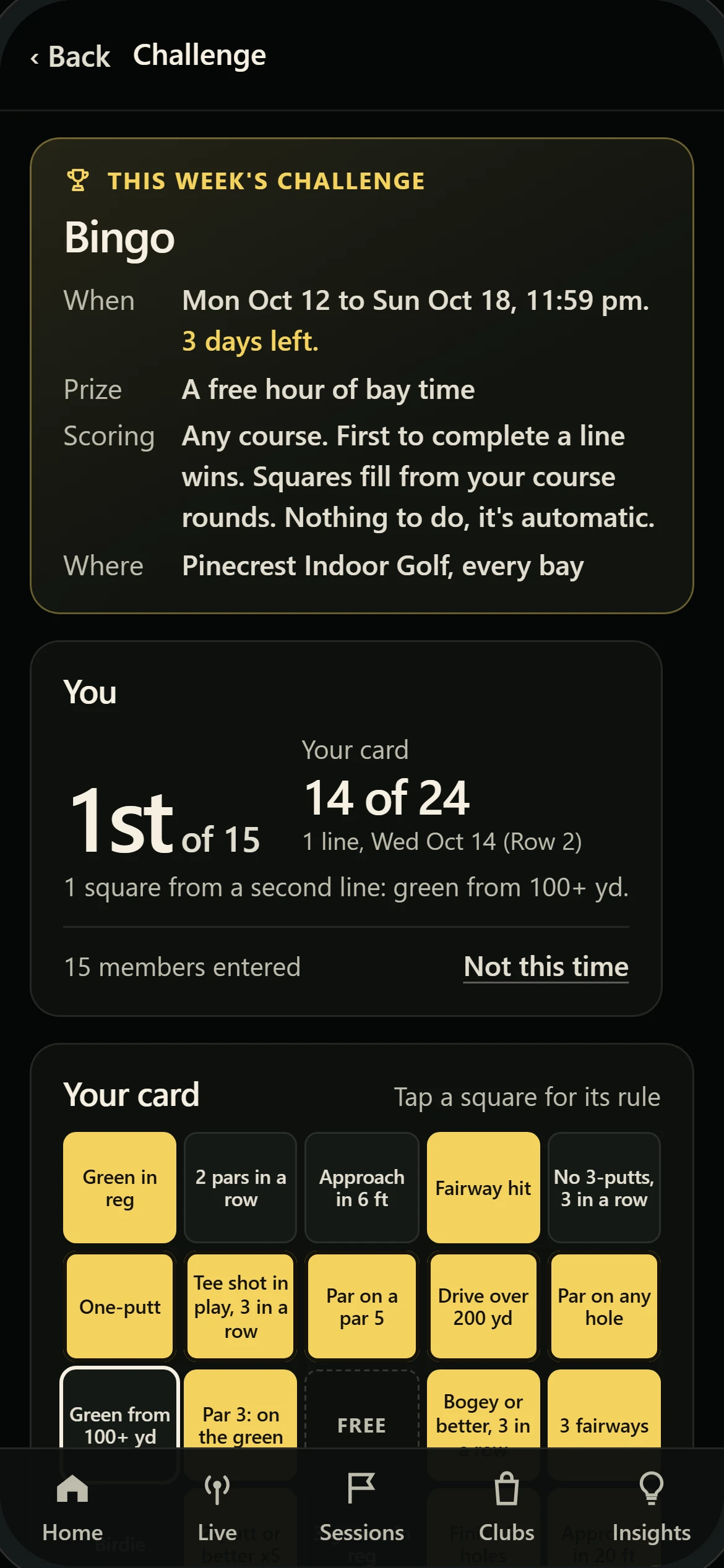 A member's bingo challenge: 1st of 15 with 14 of 24 squares filled from their rounds, and the bingo card