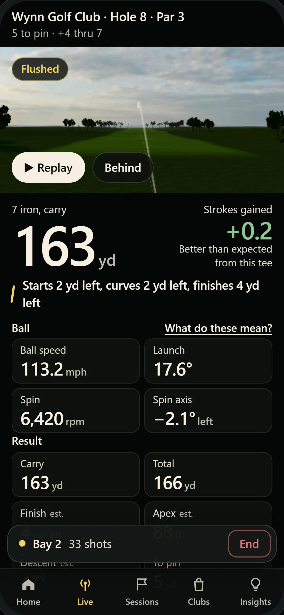 The Live screen on a member's phone at Wynn Golf Club, hole 8: a 3D replay of the shot, a 7 iron carried 163 yards, strokes gained +0.2, ball speed, launch, spin and spin axis, and the Bay 2 session bar