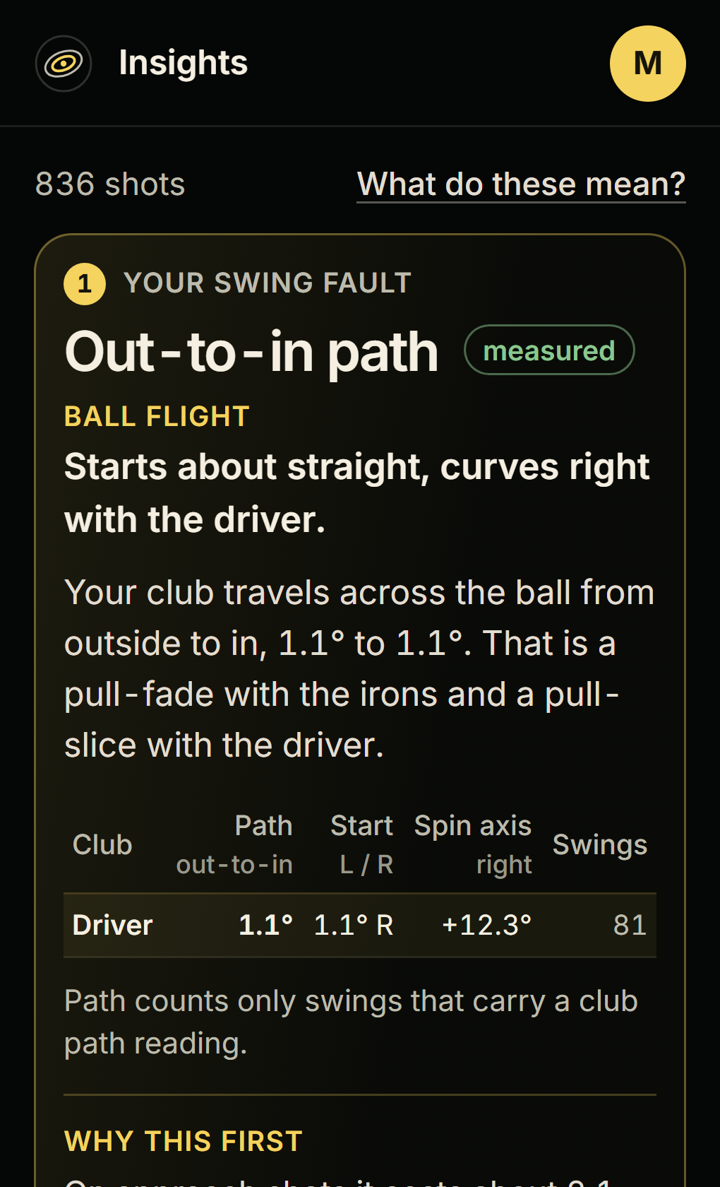 Insights on a phone: your swing fault, an out-to-in path that starts straight and curves right with the driver