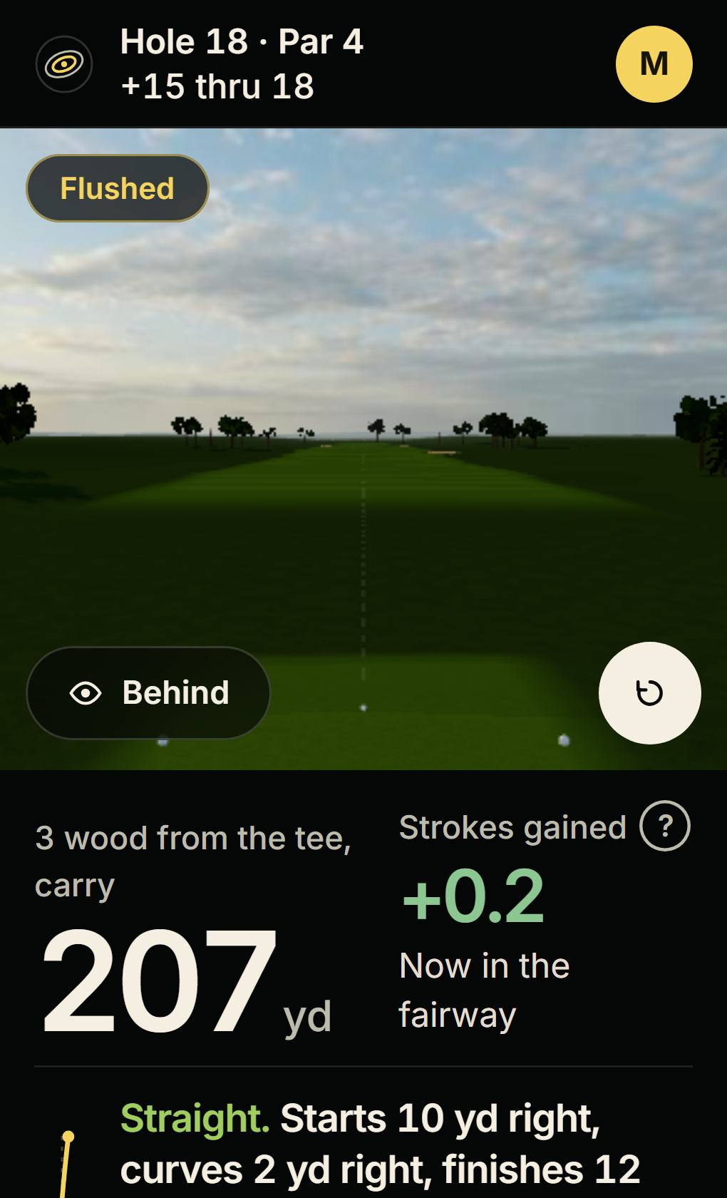 Live on a phone: a 3 wood from the tee replayed, carry 207 yd, strokes gained +0.2, now in the fairway